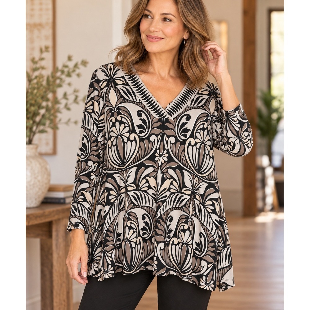 Chico's XL Art Nouveau Floral Tunic Black Taupe Stretch V Neck Statement Top